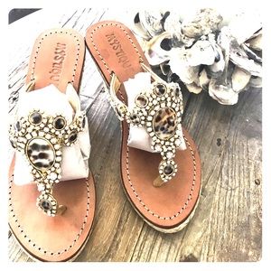 Mystique straw leather jewel sandals wedge size 5